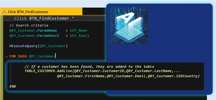 Code proposed by the AI. AI detected the query items, found the Table control and populated the columns with the corresponding items.