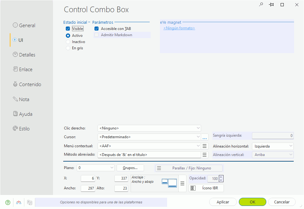 description de un control Combo Box en una configuración Java