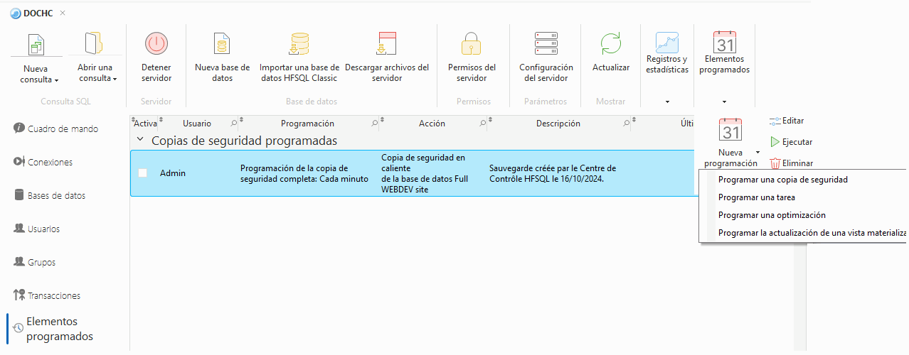 Administración de servidores: ficha Elementos programados