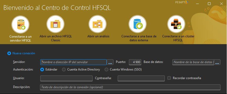 Ventana de inicio del Centro de Control HFSQL