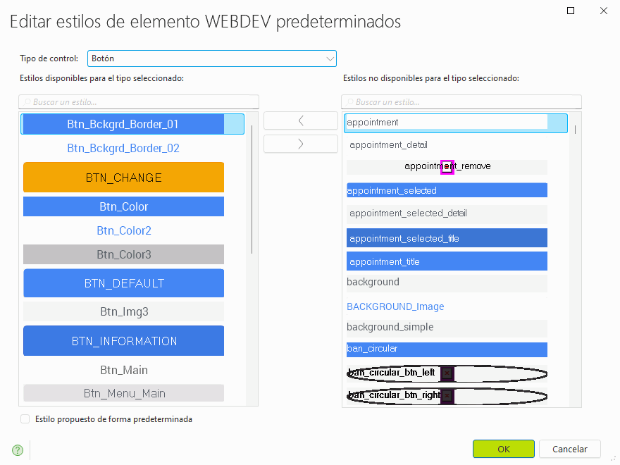 Lista de estilos de elementos WEBDEV en el proyecto