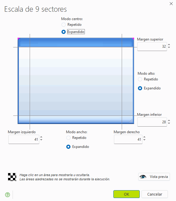 Opciones de visualización del modo de escala de 9 sectores